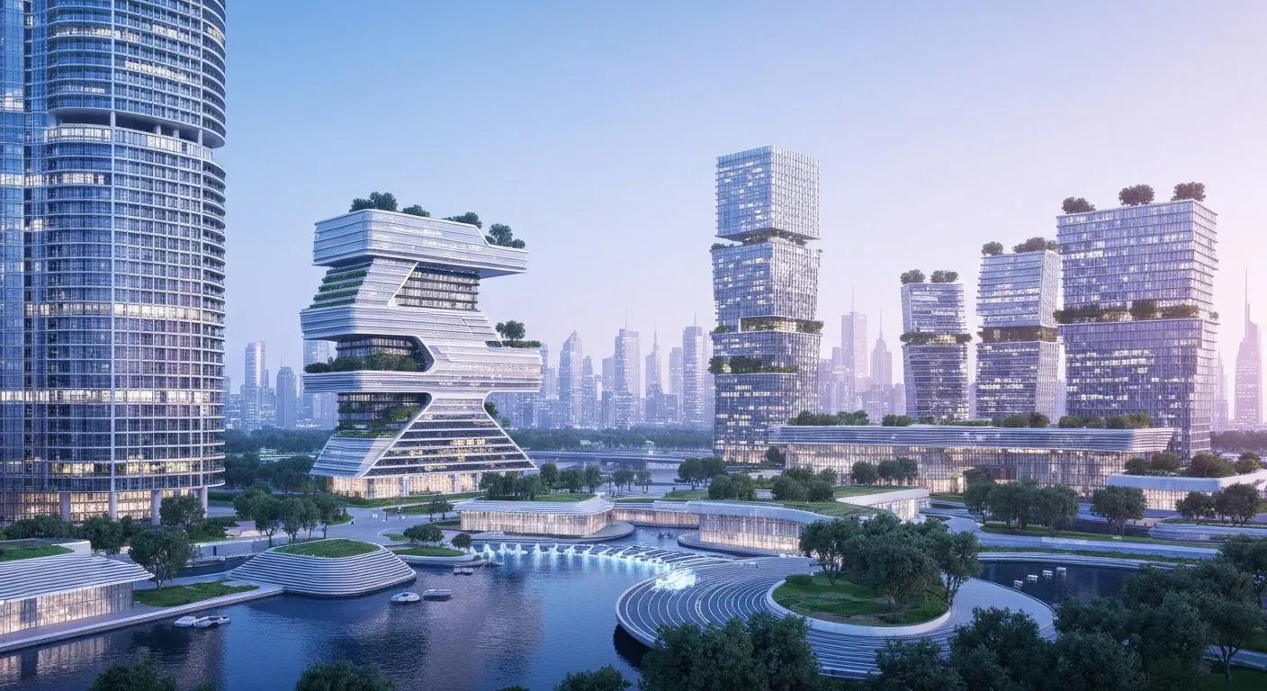 Modern urban landscape featuring innovative architecture and green spaces, illustrating advanced Building Information Modeling (BIM) concepts for construction efficiency and design optimization.