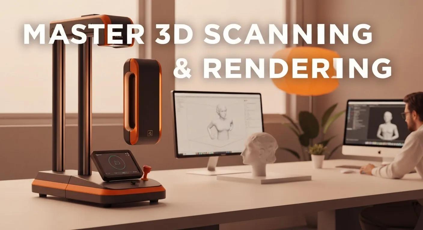 3D scanning equipment and computer screens displaying digital models, illustrating advanced 3D scanning and rendering services for precision in design and construction.