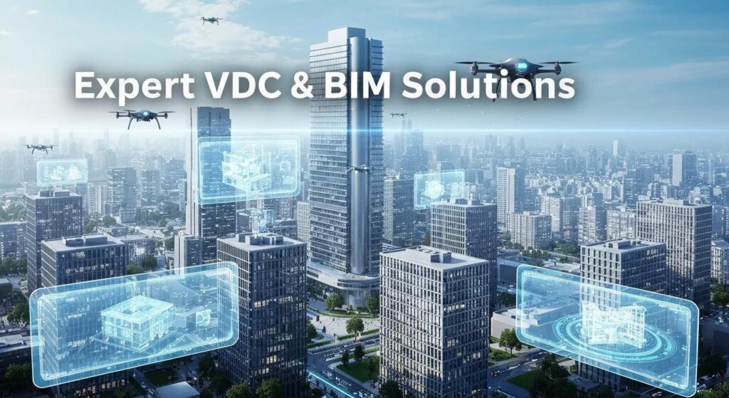 Expert VDC and BIM solutions with drones and digital blueprints over urban landscape, emphasizing precision in construction layout services.
