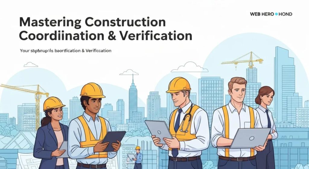 Illustration of construction professionals collaborating on project coordination and verification, featuring individuals with hard hats and tablets, set against a city skyline with cranes, emphasizing construction layout services and precision.