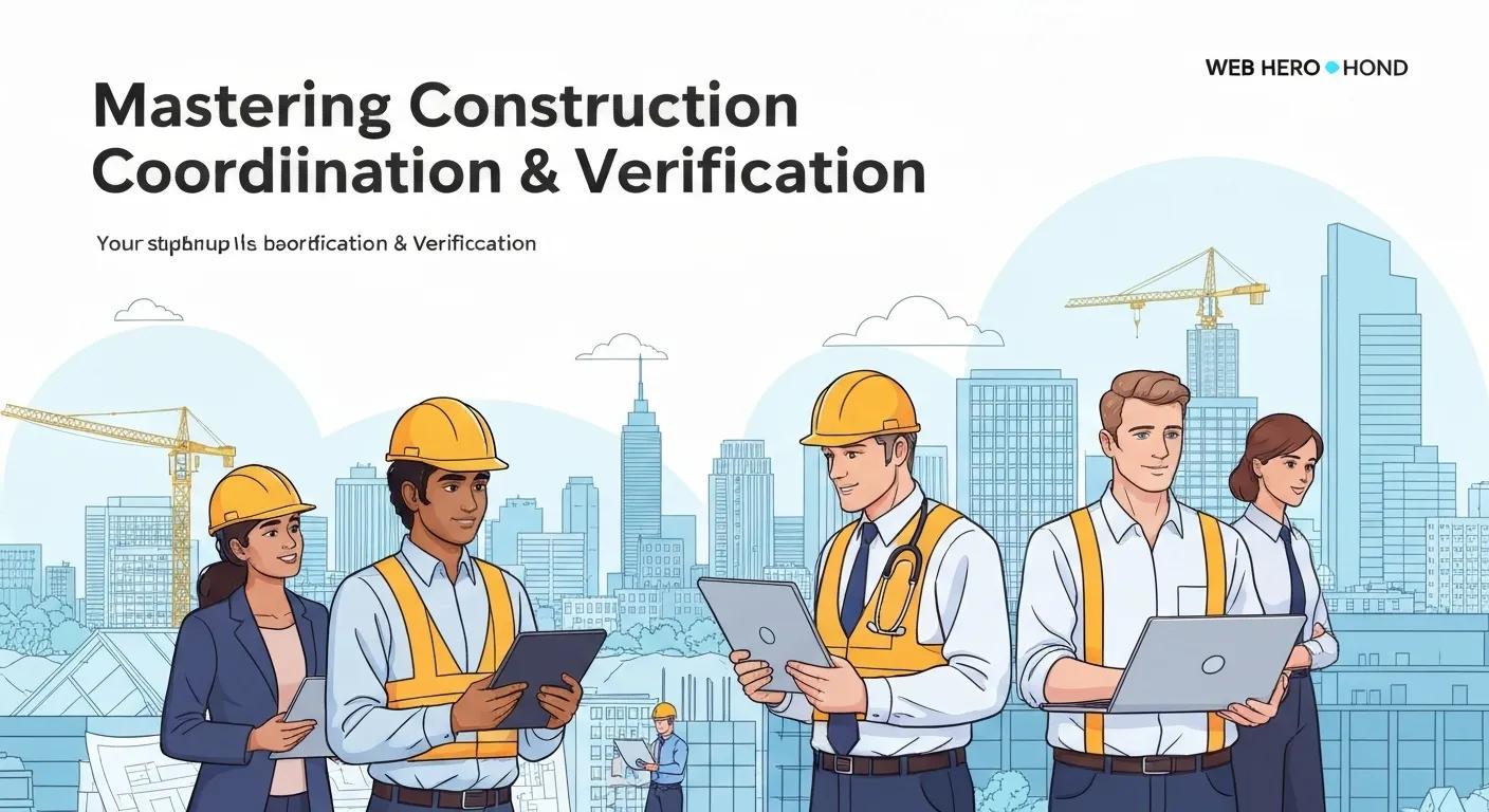 Construction professionals collaborating on project coordination and verification, featuring individuals with hard hats and tablets, set against a city skyline with cranes, emphasizing as-built verification and construction efficiency.