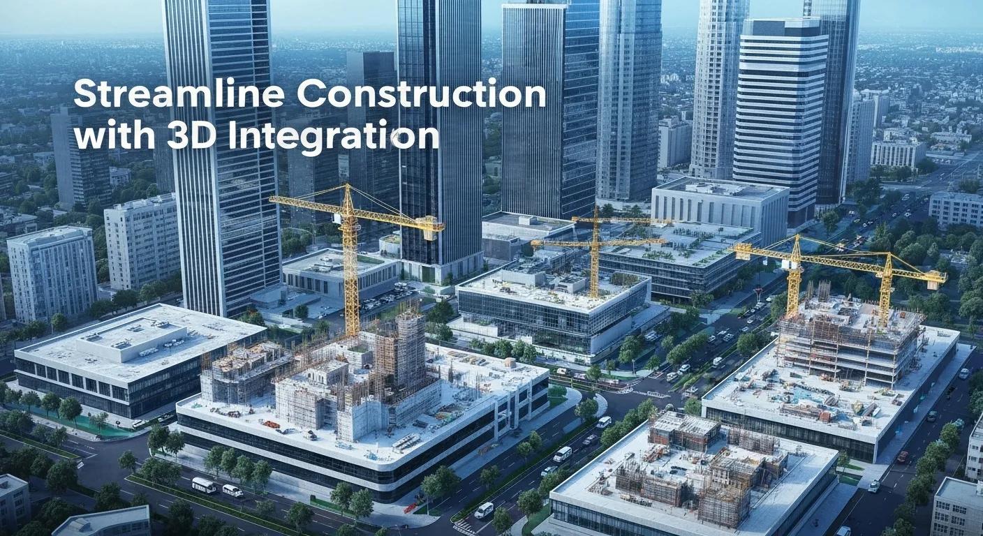 Aerial view of urban construction site featuring multiple cranes and buildings under development, emphasizing 3D integration in construction processes.