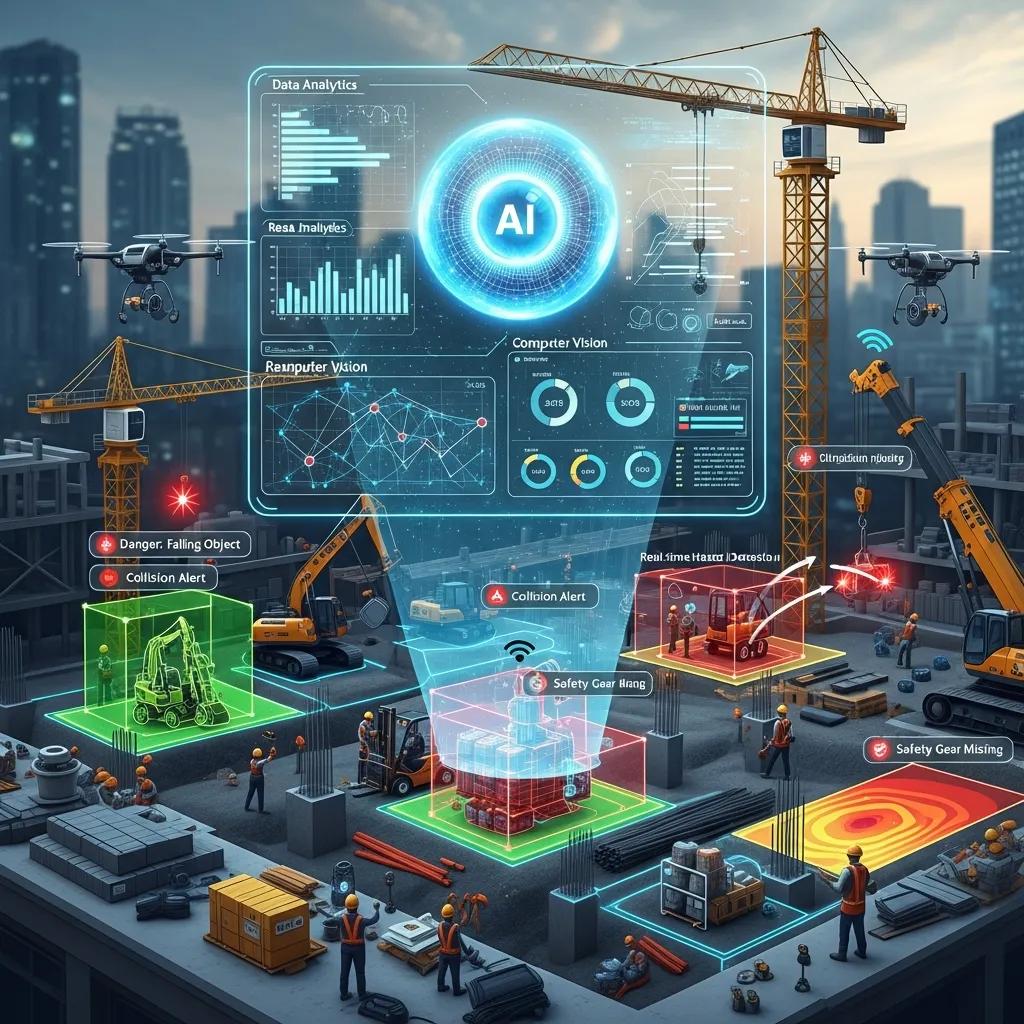 AI technology monitoring construction site safety with data analytics and hazard detection