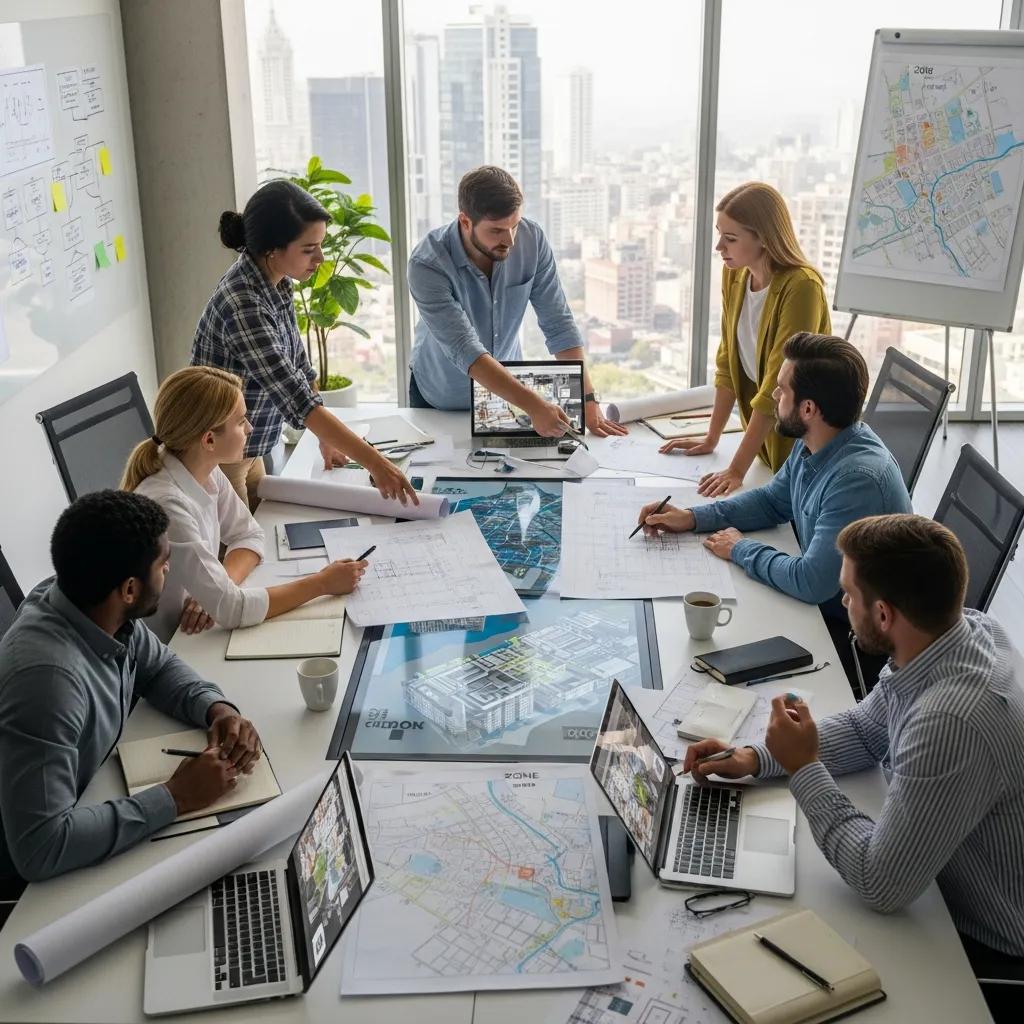 Architects and planners collaborating on zoning regulations for construction projects