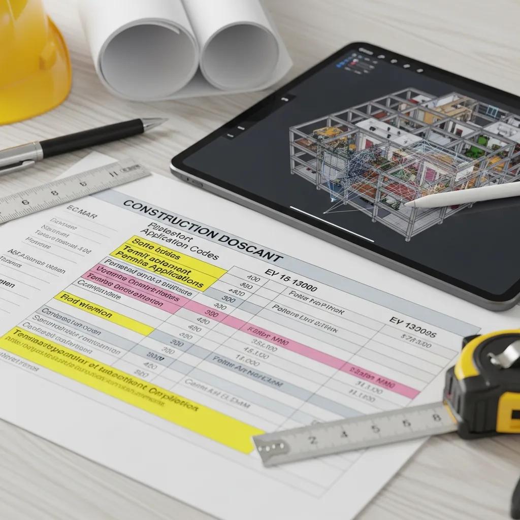 Close-up of construction documents and a digital tablet illustrating regulatory challenges in permit approvals