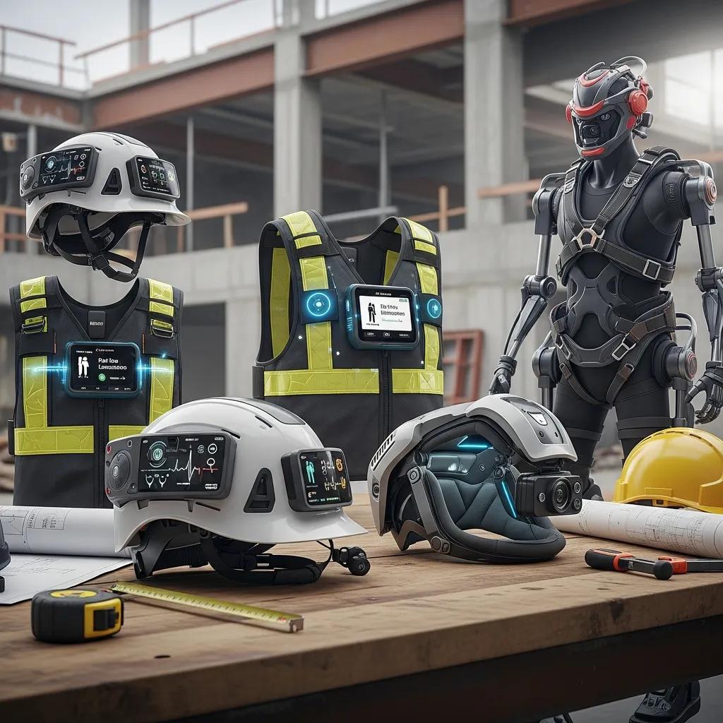 Close-up of wearable safety devices including smart helmets and vests in a construction setting