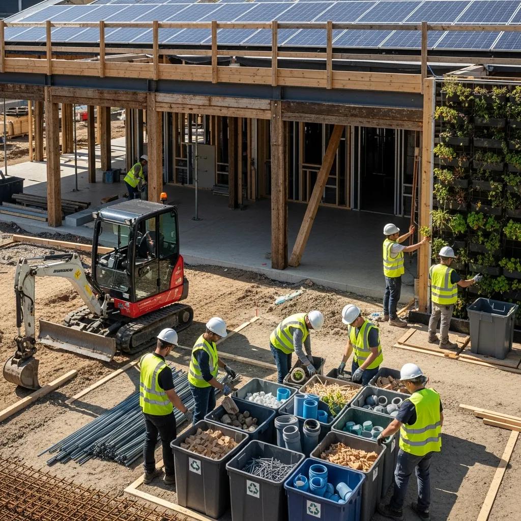 Construction site implementing sustainable building practices and waste management