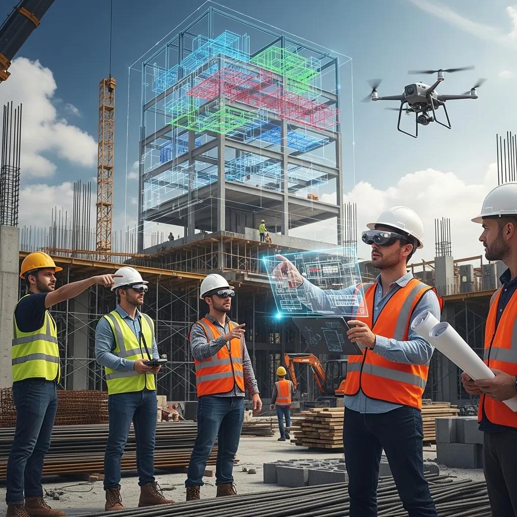 Construction site with VDC technology overlay, showcasing digital modeling and worker interaction