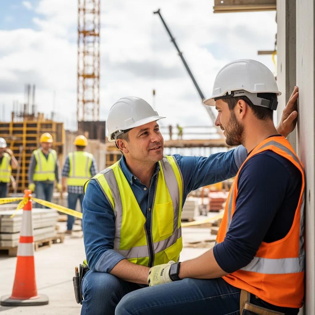 Construction supervisor providing support to a worker, emphasizing suicide prevention strategies