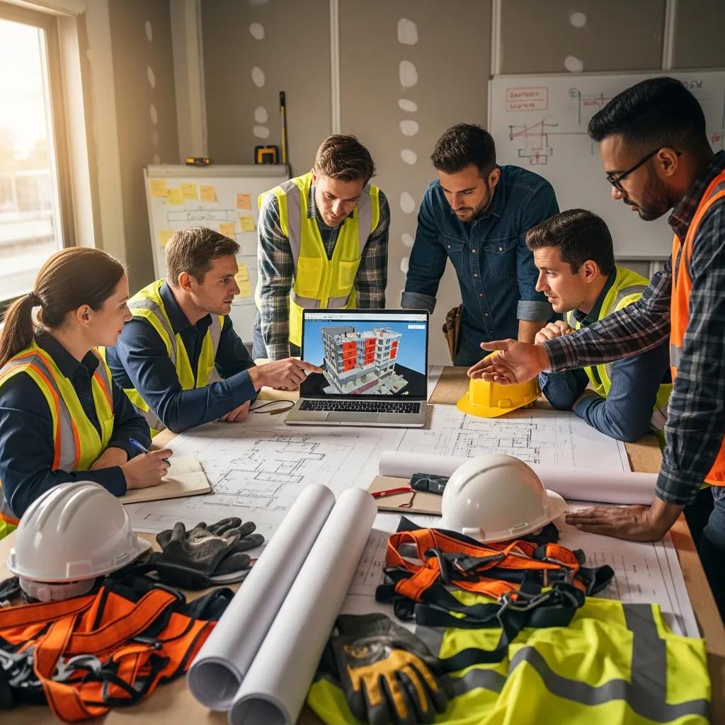 Construction team developing a comprehensive fall protection plan with blueprints and safety equipment