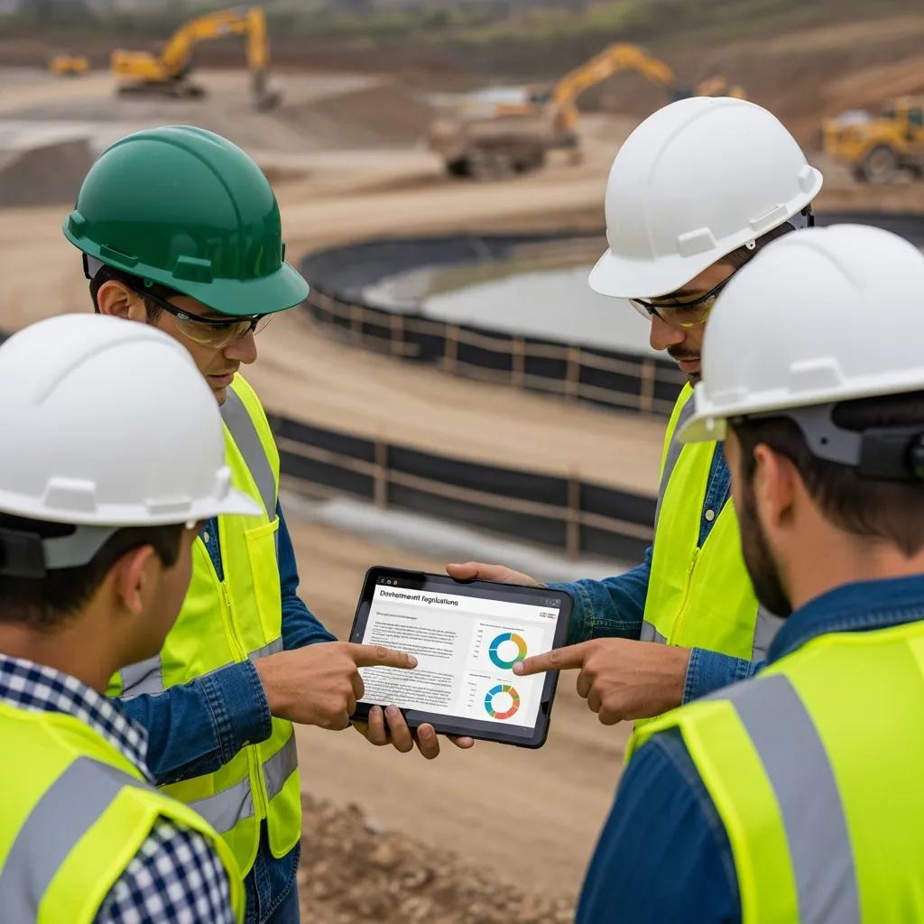 Construction team discussing environmental regulations with visible compliance measures