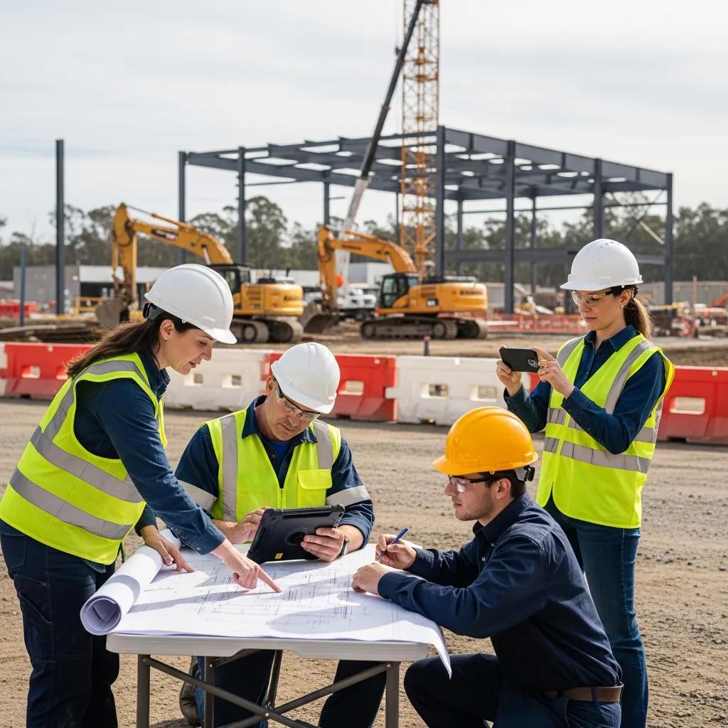 Construction team performing a site-specific risk assessment with blueprints and digital devices