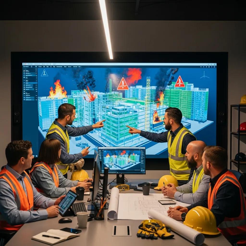 Construction team reviewing VDC hazard simulations in a collaborative setting