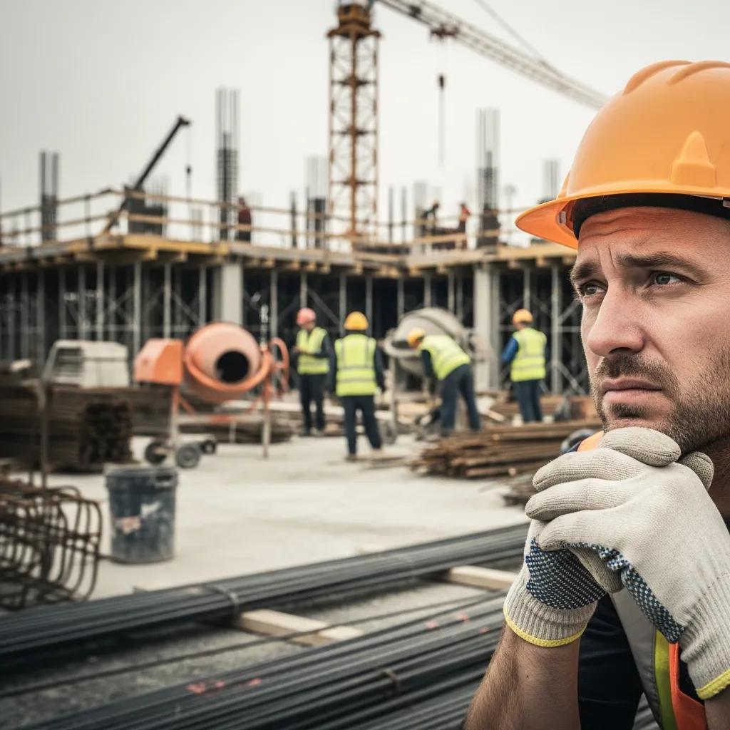 Construction worker experiencing stress on a job site, highlighting mental health challenges