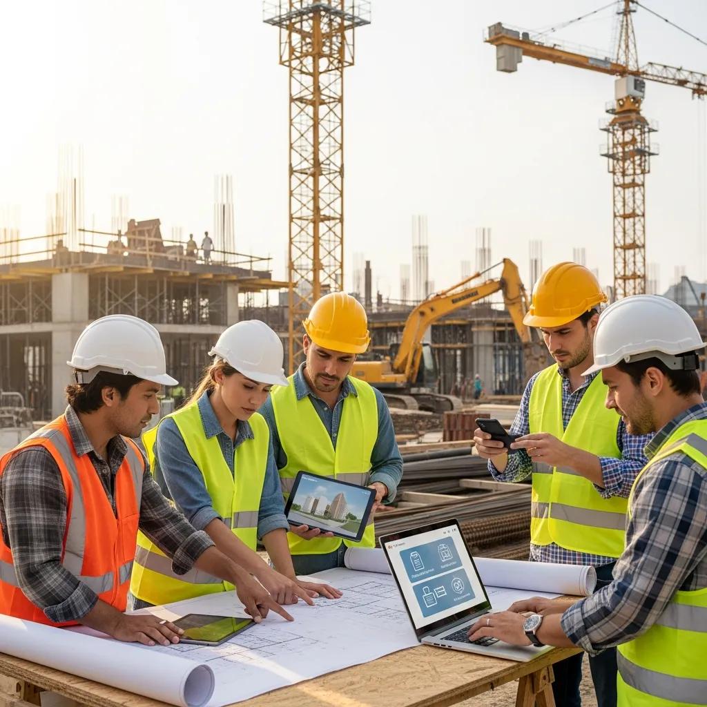 Construction workers collaborating on blueprints at a construction site, emphasizing permit streamlining