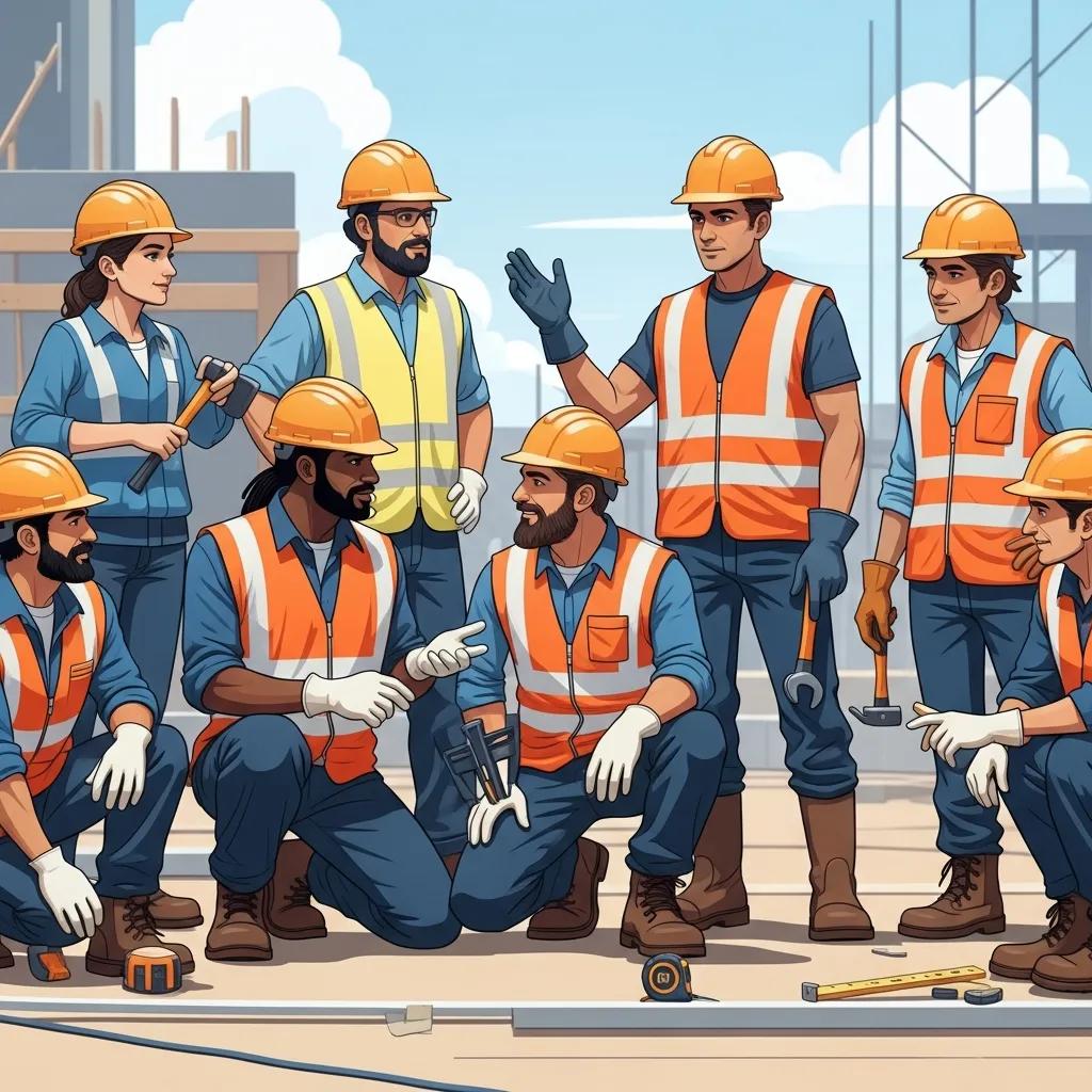 Construction workers collaborating on mental health strategies at a job site