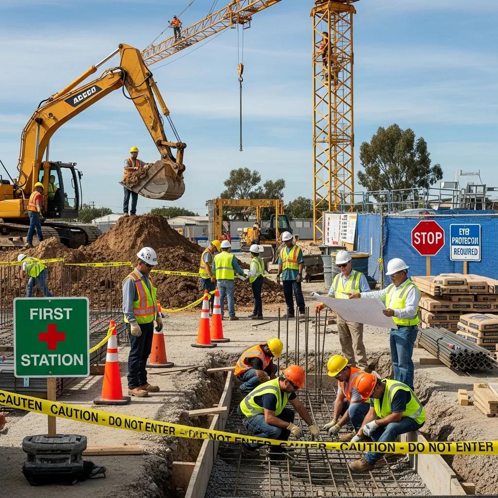 Construction workers implementing safety protocols on site with visible safety gear and signage