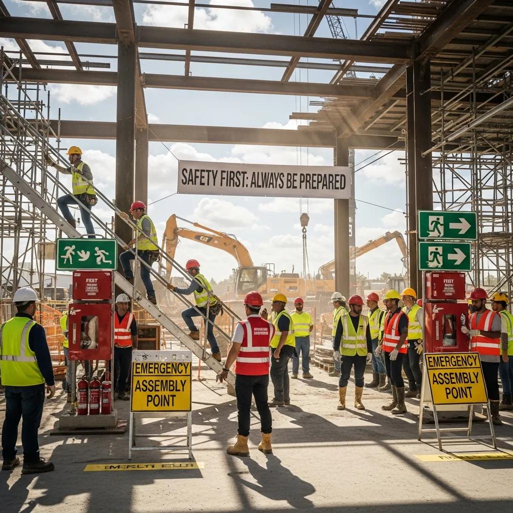 Construction workers practicing emergency preparedness training on-site, with safety signage, fire extinguishers, and clear evacuation routes visible, emphasizing the importance of safety protocols in construction environments.