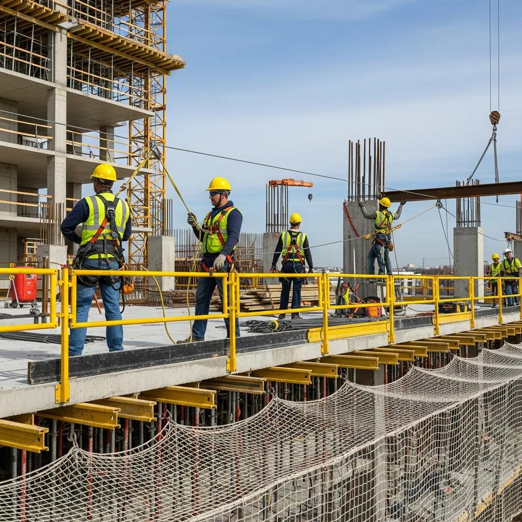 Construction workers using advanced fall protection systems on a building site