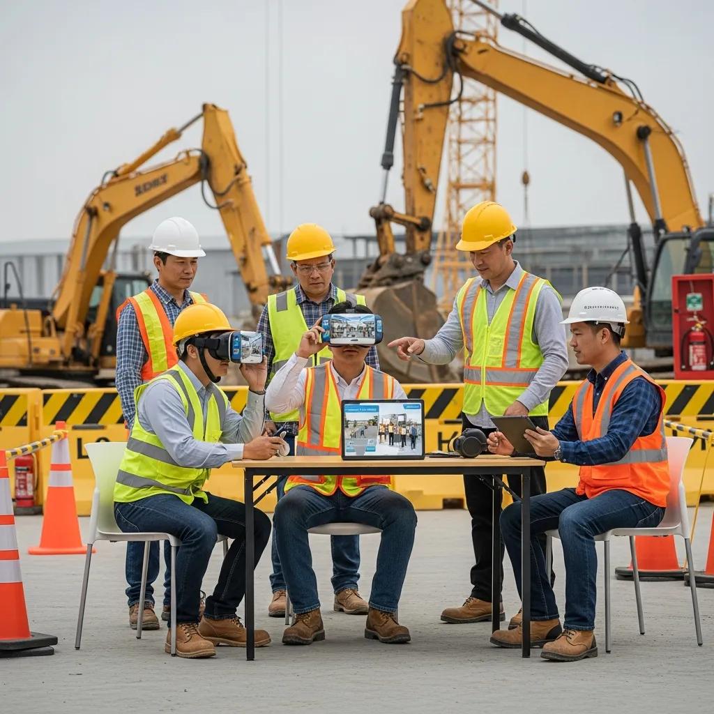 Construction workers using digital tools for safety training on-site
