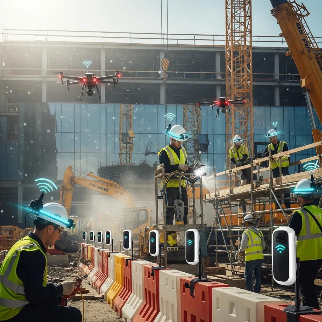 Construction workers utilizing advanced safety technology on site, including wearables and drones