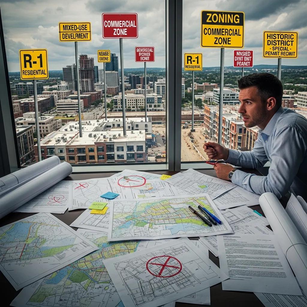 Developer facing zoning challenges at a construction site with zoning maps
