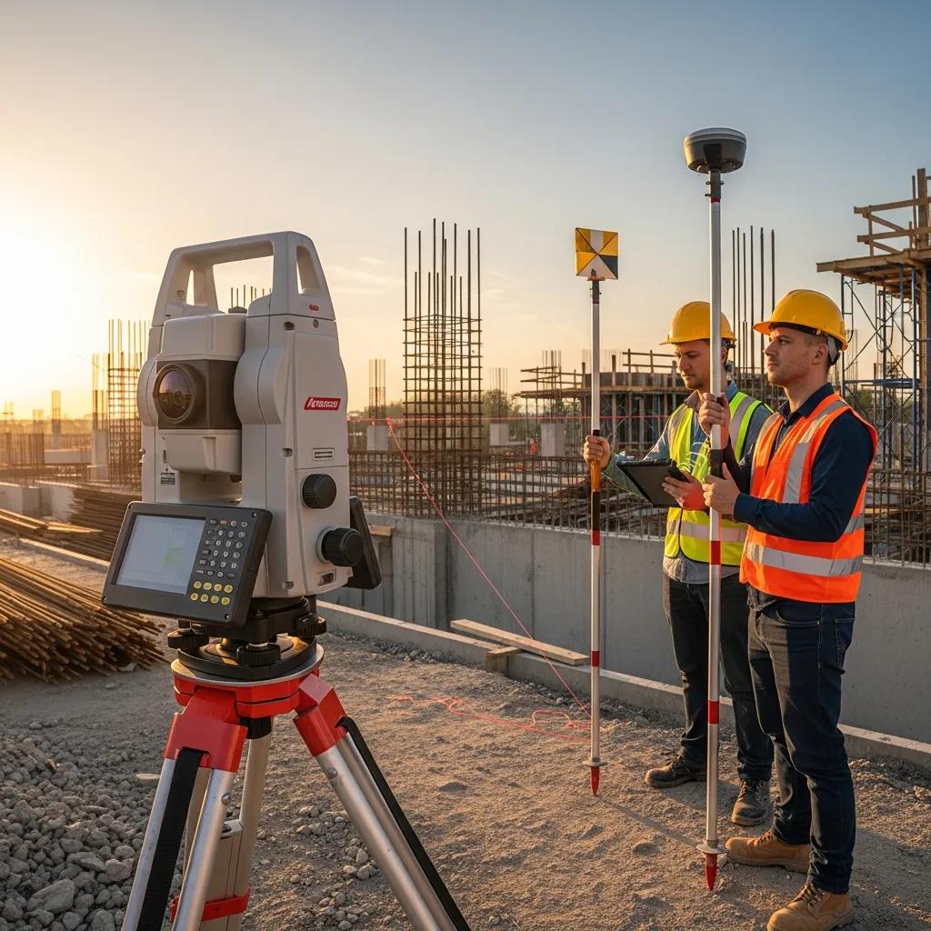Robotic total station in use on a construction site, highlighting precision layout for permit compliance