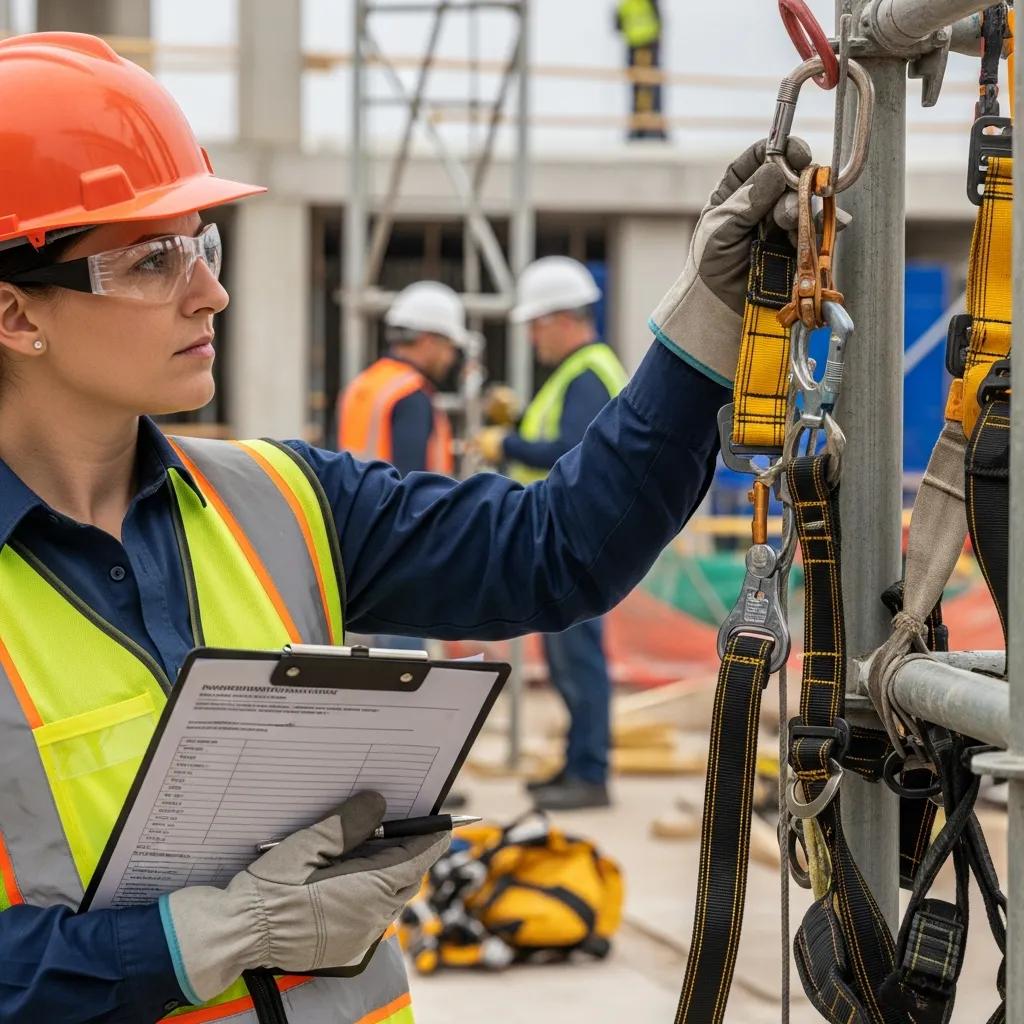 Safety officer inspecting fall protection equipment on a construction site