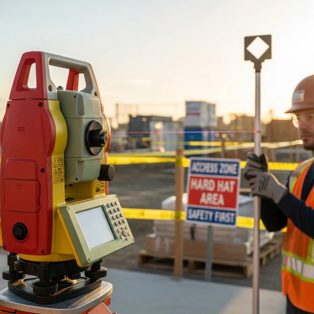 Worker using robotic total station for precise layout on a construction site