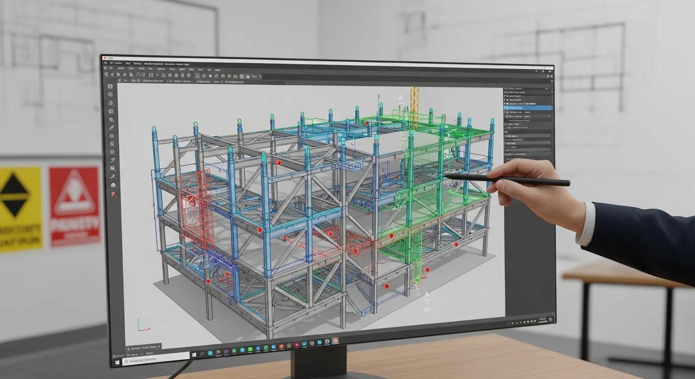 3D structural BIM model displayed on monitor, showcasing detailed steel framework with color-coded elements for visualization and coordination, emphasizing precision in construction workflows in Richmond, VA.