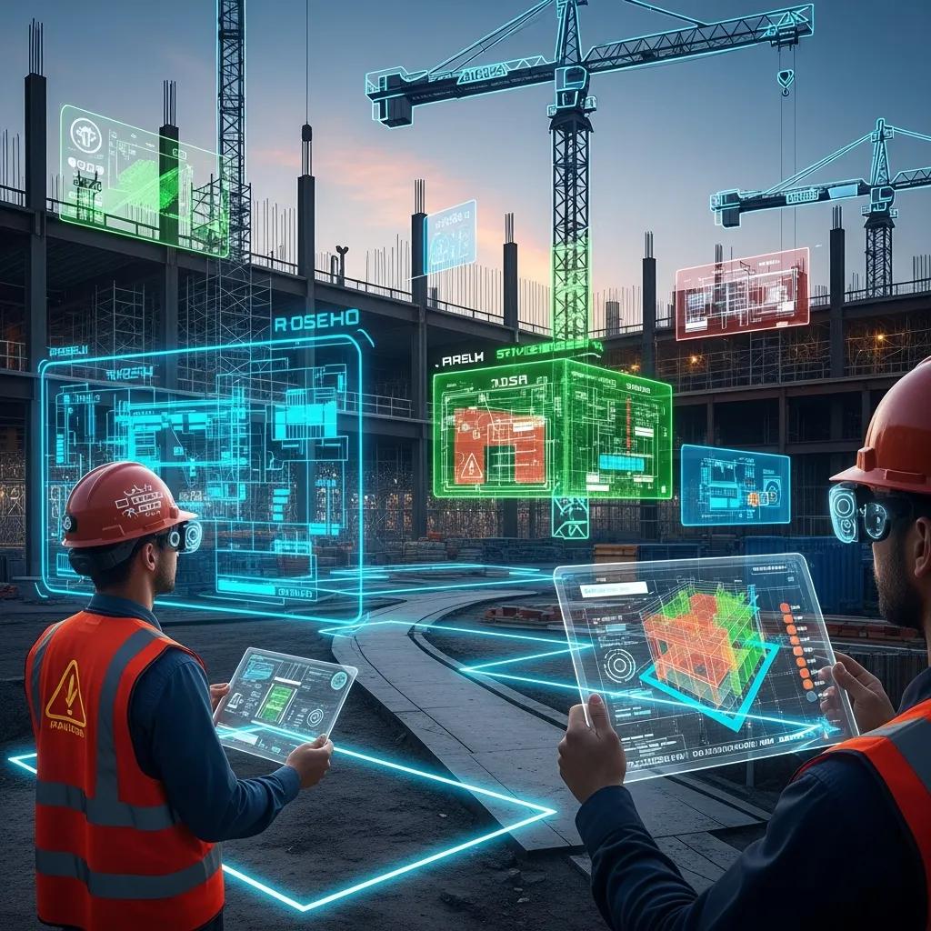 Jobsite with digital overlays illustrating PPE zones and model-driven safety planning