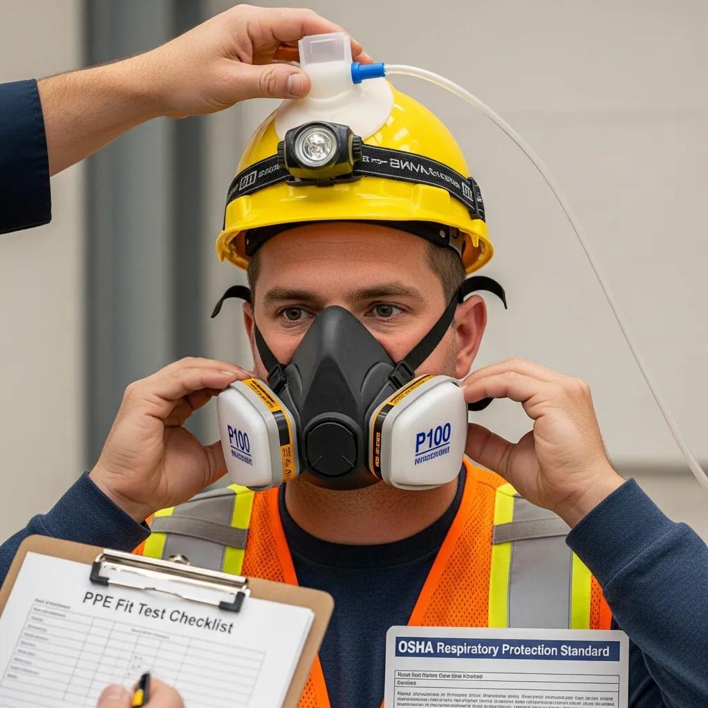 Worker undergoing a PPE fit check on site, demonstrating fit verification and equipment adjustment