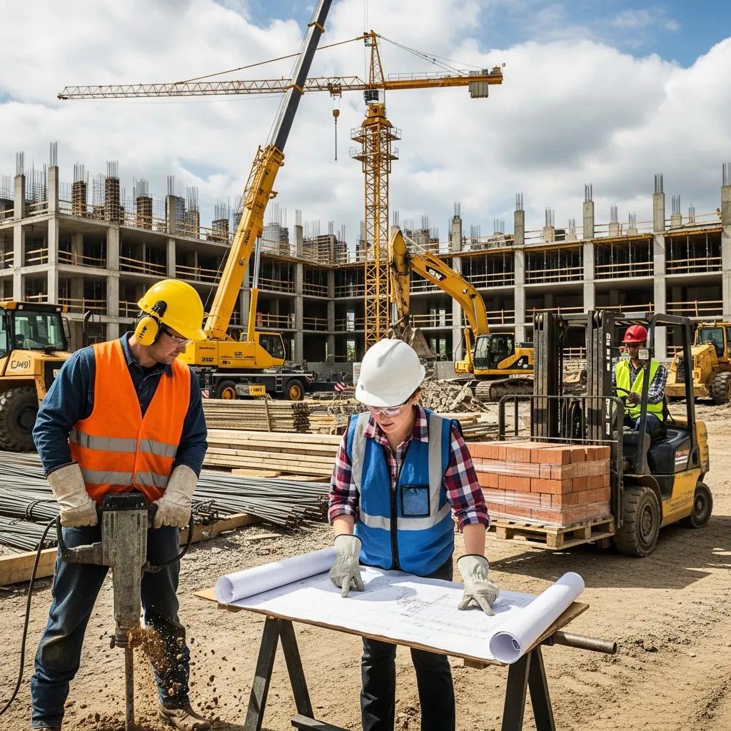Construction workers in PPE on site, showcasing safety gear and active work environment