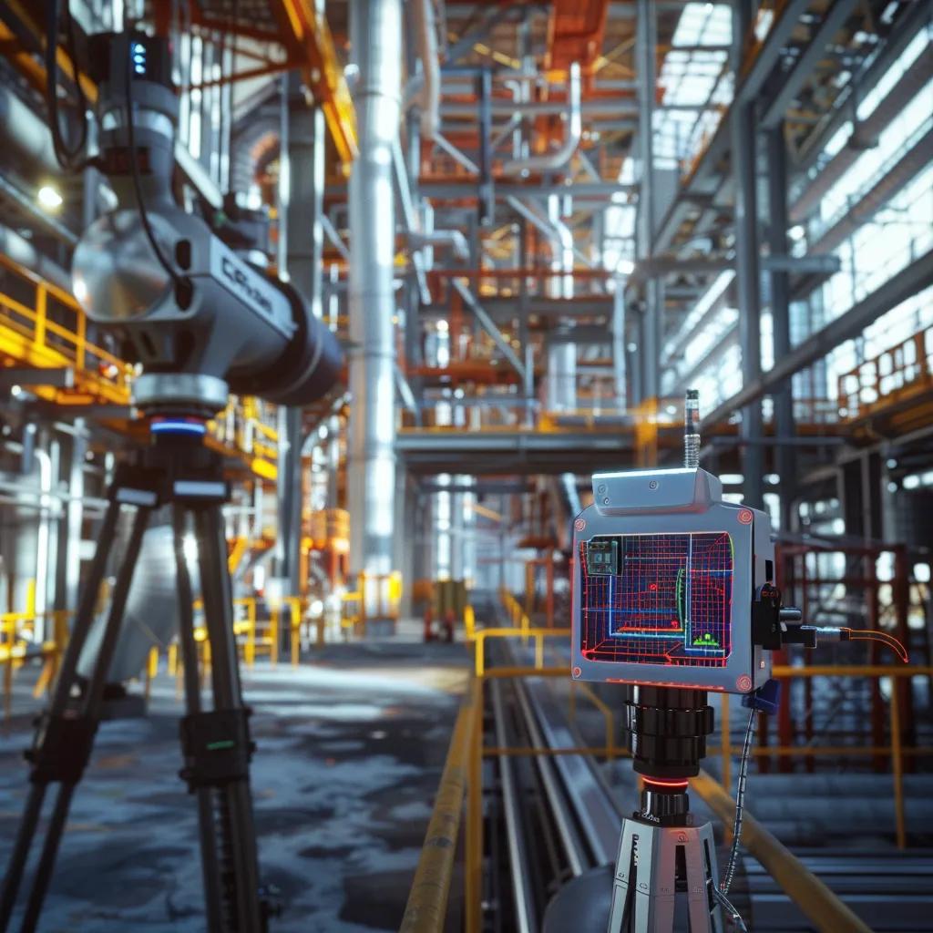 Laser scanner capturing a dense point cloud inside an industrial plant for as-built documentation