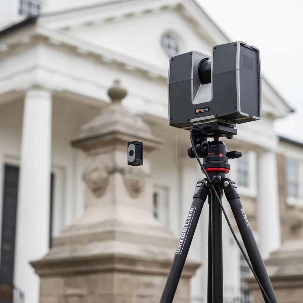 3D laser scanner capturing data at a historic building in Charleston, SC