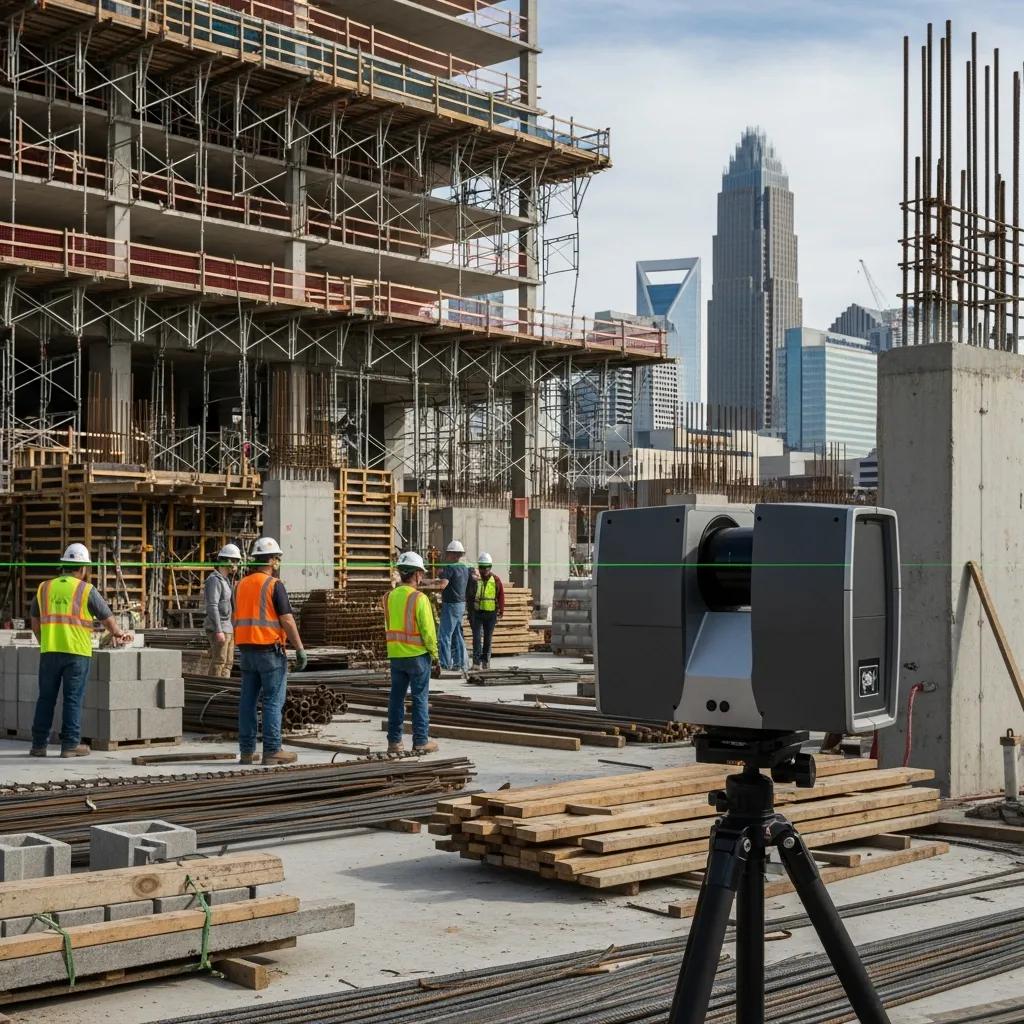 3D laser scanner in foreground capturing data on construction site in Charlotte, NC, with workers in safety gear and scaffolding in background.