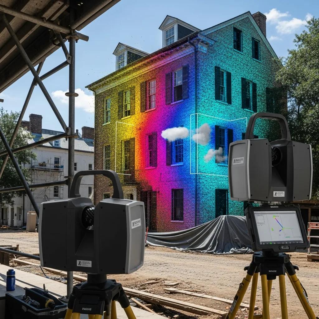 3D laser scanner capturing point cloud data at a historic Charleston building