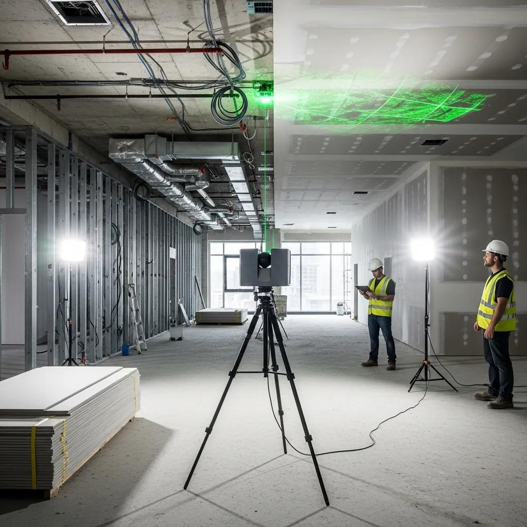 3D laser scanner capturing detailed measurements at a construction site, highlighting renovation efficiency