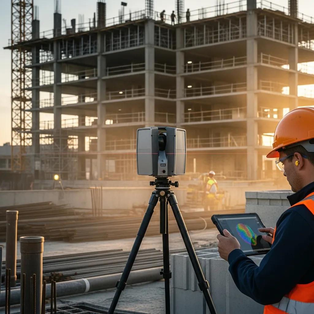 3D laser scanning equipment capturing point cloud data on a construction site