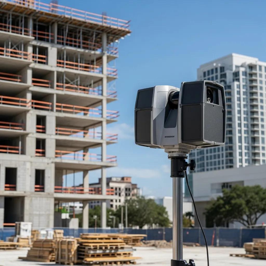 3D laser scanning setup in Tampa construction site highlighting point cloud to BIM technology