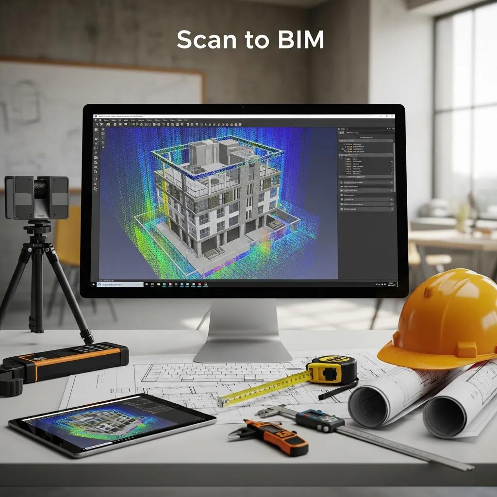 Computer screen showing a Scan to BIM model used for building modernization
