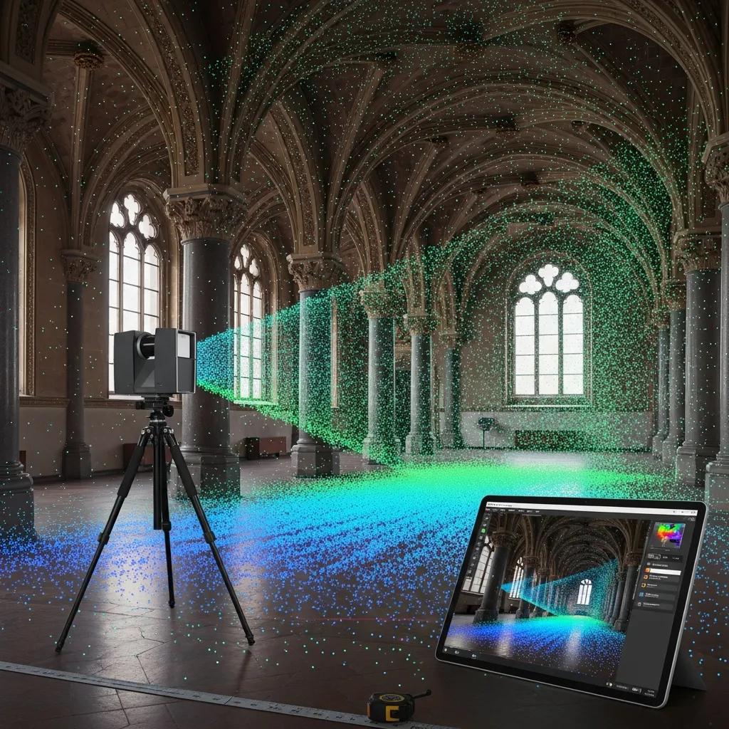 Terrestrial 3D scanner capturing point cloud data inside a building for verification and retrofit