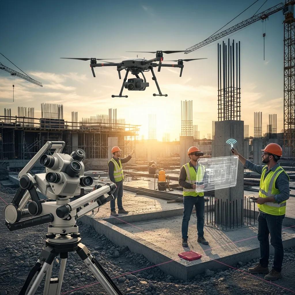 Advanced construction technologies including robotics, drones, and augmented reality on a modern jobsite