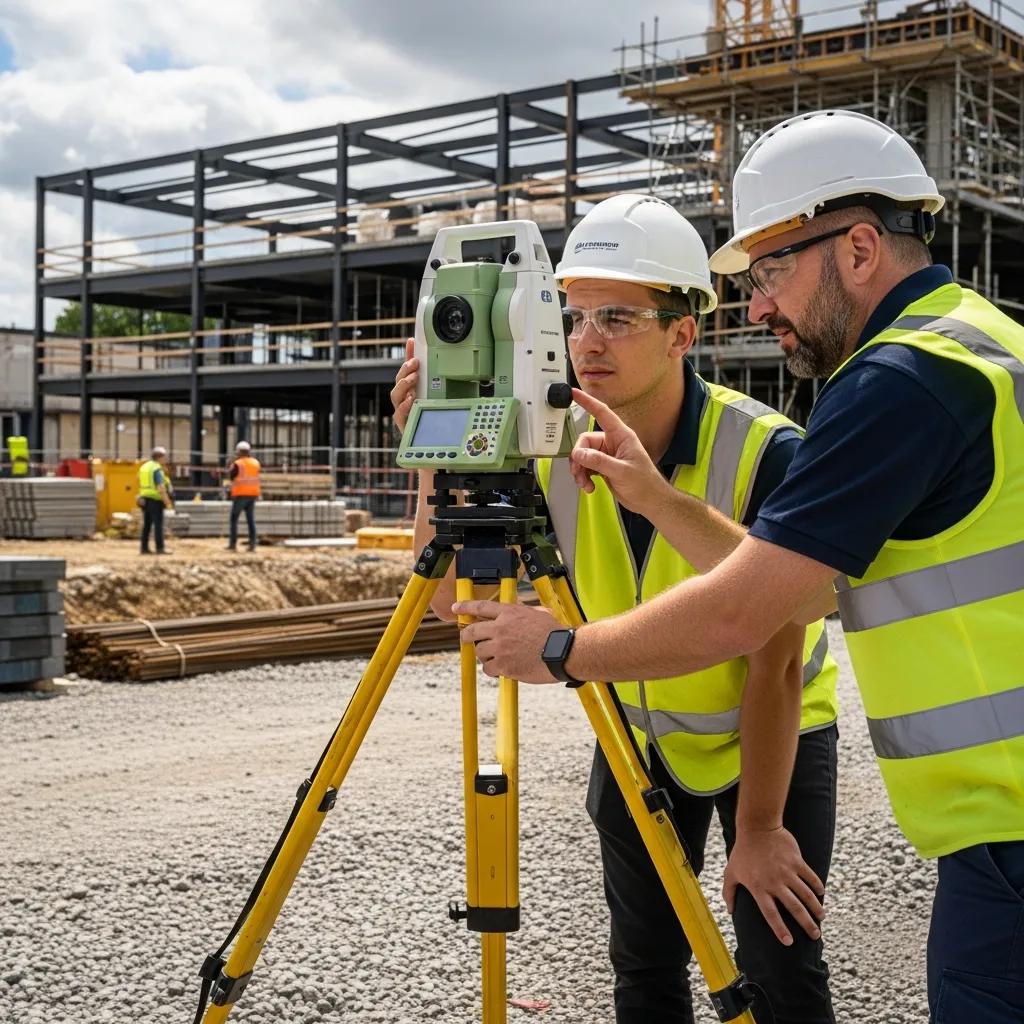 Mentor guiding an apprentice operating a robotic total station on site