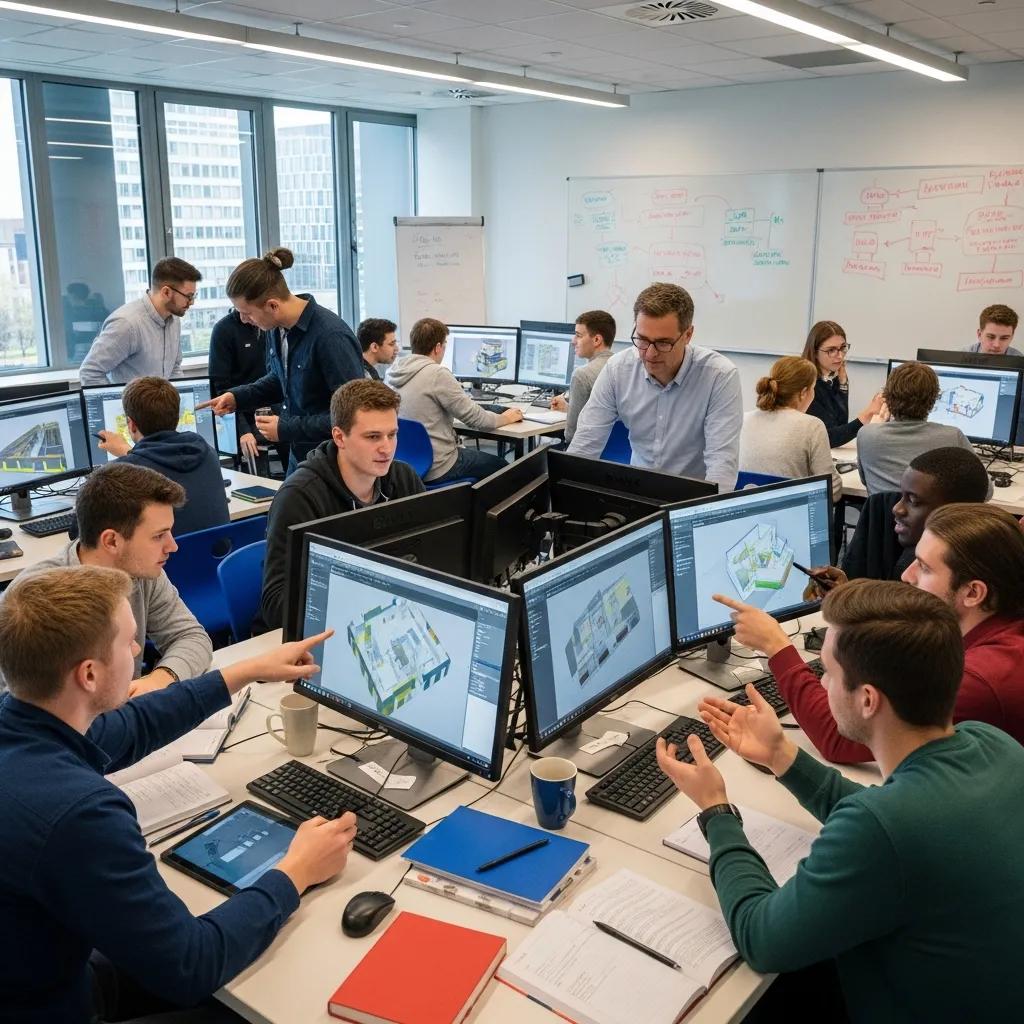 Apprentices working together on BIM software during a classroom session