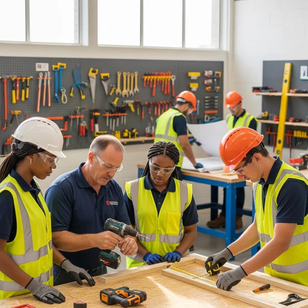 Mentor training apprentices in a construction workshop