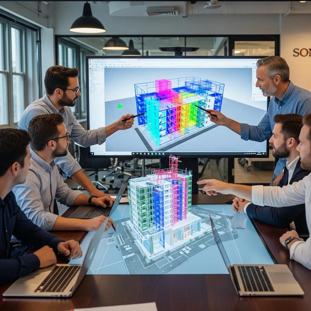 Architects and engineers collaborating over a Revit model created from laser scan point clouds