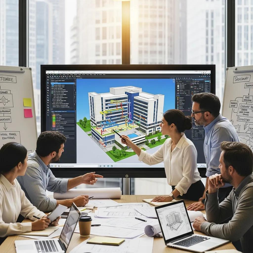 Design and construction team reviewing a federated BIM model together