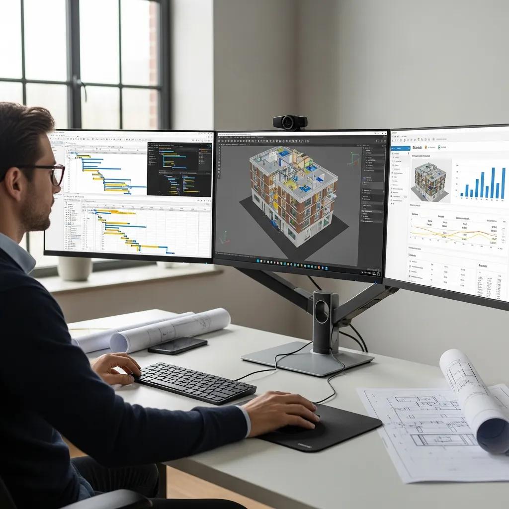 BIM consultant working across multiple monitors with coordination software in a modern office