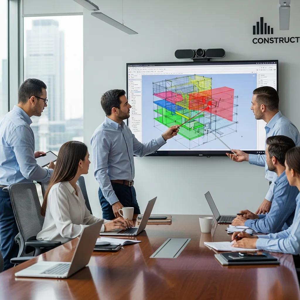 BIM coordination meeting with project team reviewing a federated model in an office
